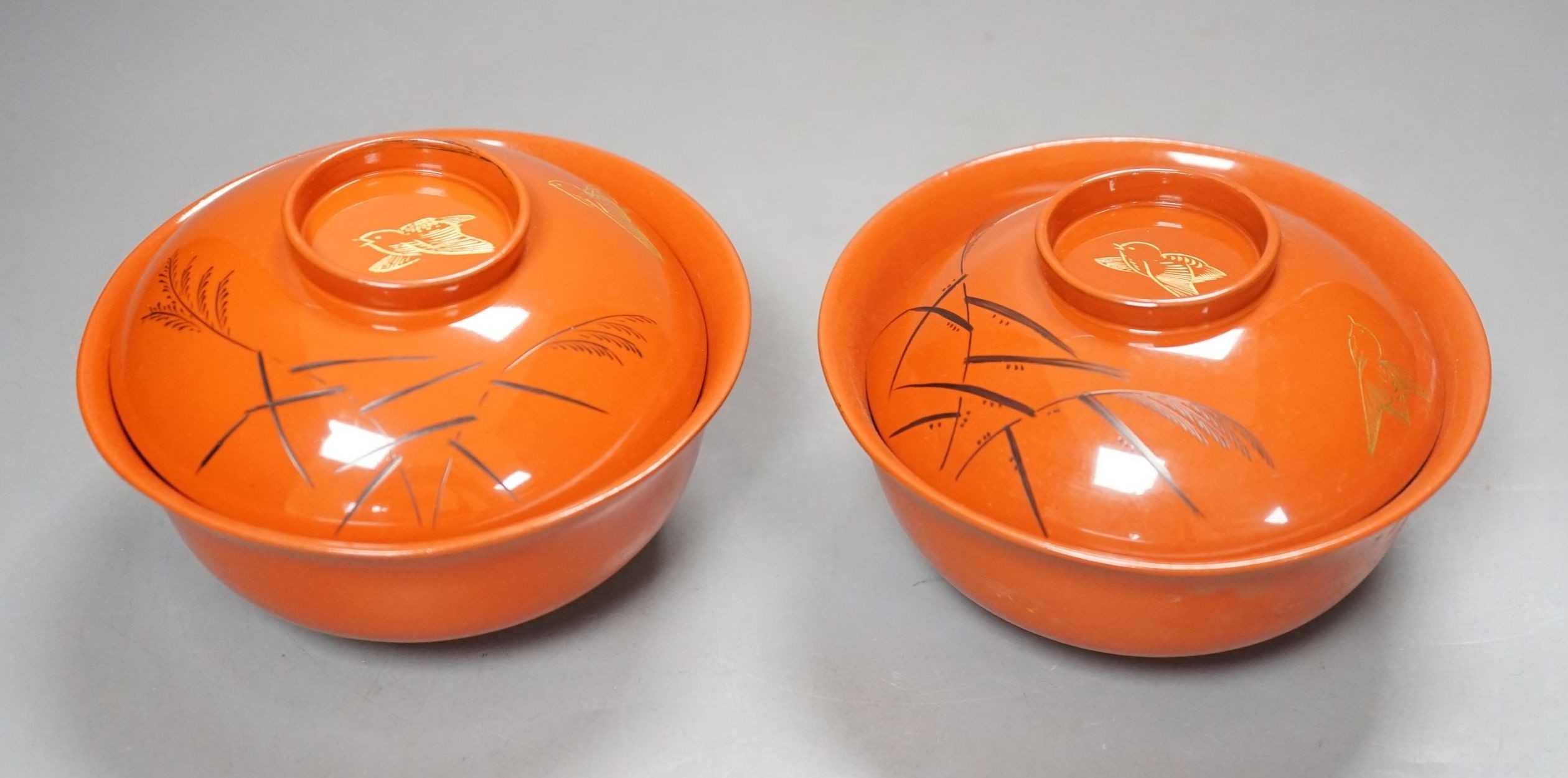 Two sets of Japanese lacquer bowls and covers, 20th century